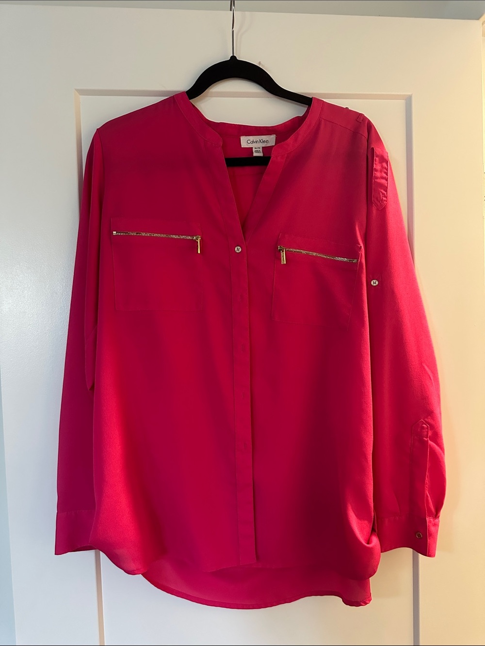 Calvin Klein Hot Pink Long-Sleeve Zip-Pocket Blouse